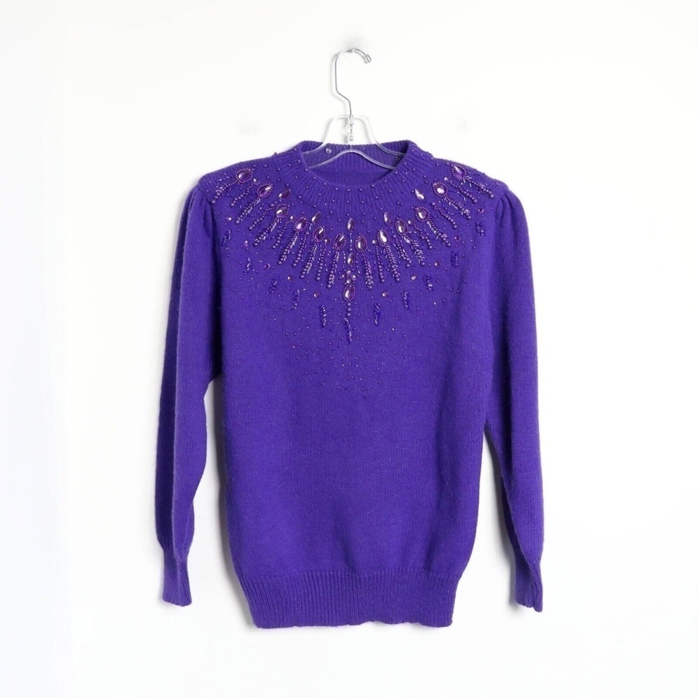 Vintage beaded knit sweater electric purple  embellished long sleeve 80s warm M